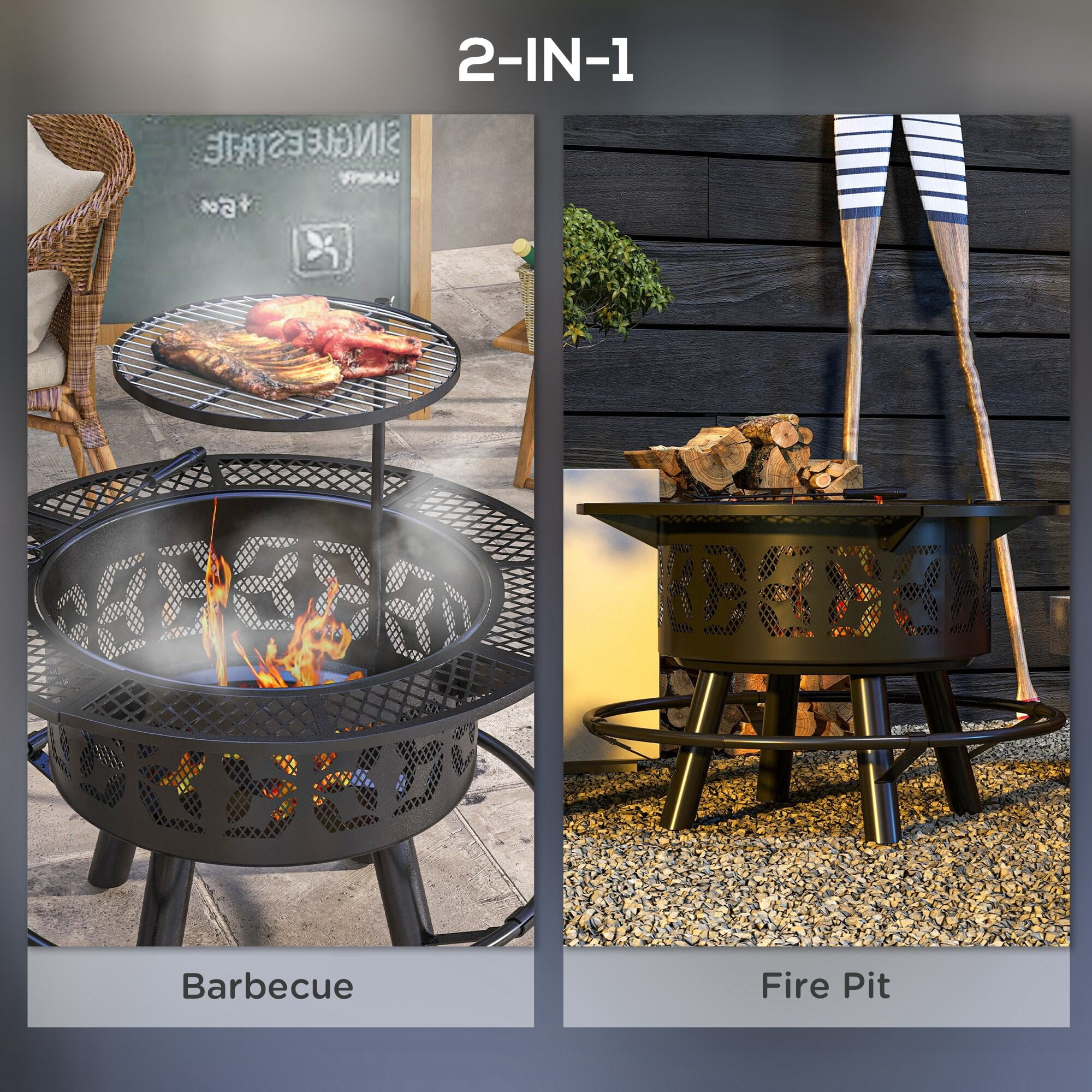 Outdoor Grill, 2-in-1 Fire Pit, BBQ Grill, 33" Portable Wood Burning Firepit with Adjustable Cooking Grate, Pan and Poker, Camping Bonfire Stove for Backyard, Patio, Picnic, Black, Black BBQ Grill