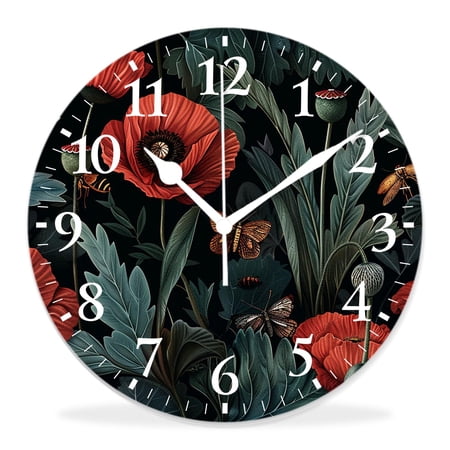 12 Inch Wall Clock Battery Operated Silent Clock Decorative for Office, Kitchen, Outdoor, Living Room，Green Flower Hand Nature Scene with Honey Bees Butterflies Beautiful