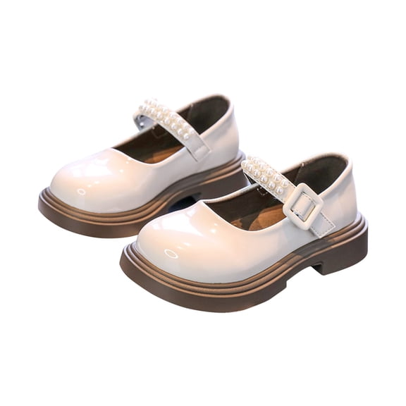 hoksml Girls Patent Leather Mary Jane Flats with Pearl Decor, Adjustable Buckle Strap Shoes for School, Party and Casual Wear