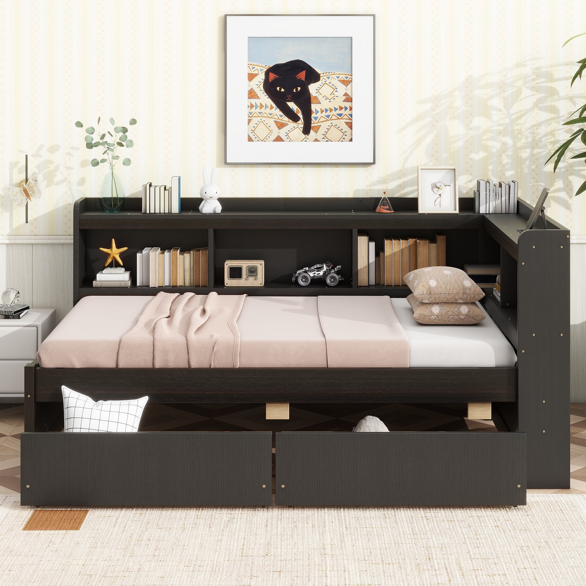 Sailvan Twin Size L-shaped Bookcases Bed with Power Outlets, USB Charging Ports,Two Drawers