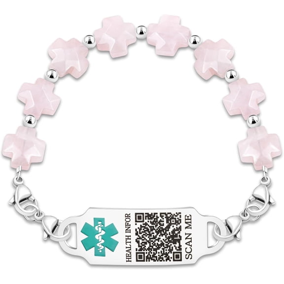 Rose Quartz QR Code Medical Alert Bracelet Scan to Edit Medical Info No Custom Info Required Greek Cross Beaded Emergency ID Bracelet for Women Stainless Steel