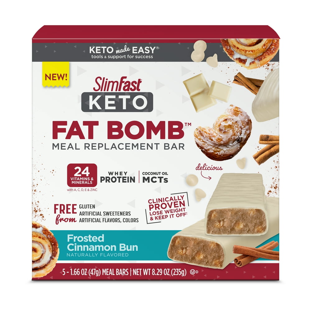 SlimFast Keto Fat Bomb Meal Replacement Bars, Frosted Cinnamon Bun, 5