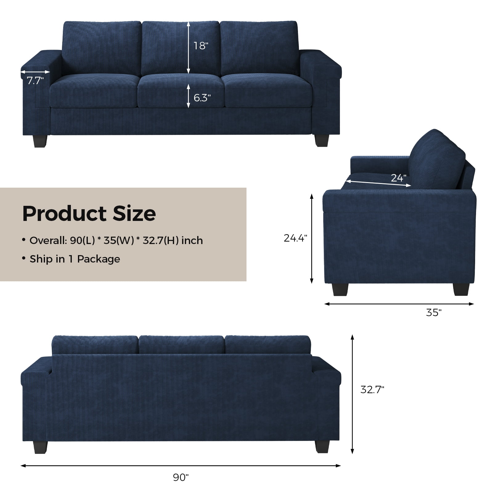 BLAZANT 90" 3 Seater Sofa Couch with Deep Seat, 90" Modern Upholstered Sofa with Armrests, Easy Installation, Comfy Couches for Living Room, Apartment,Blue