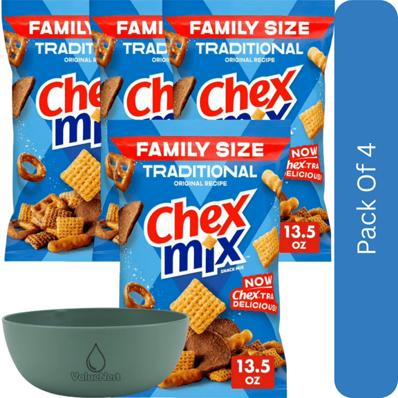 Chex Mix Traditional Original Recipe Snack Mix, Family Size, 13.5 oz-4pk, With Olive Green Bowl By ValueNest