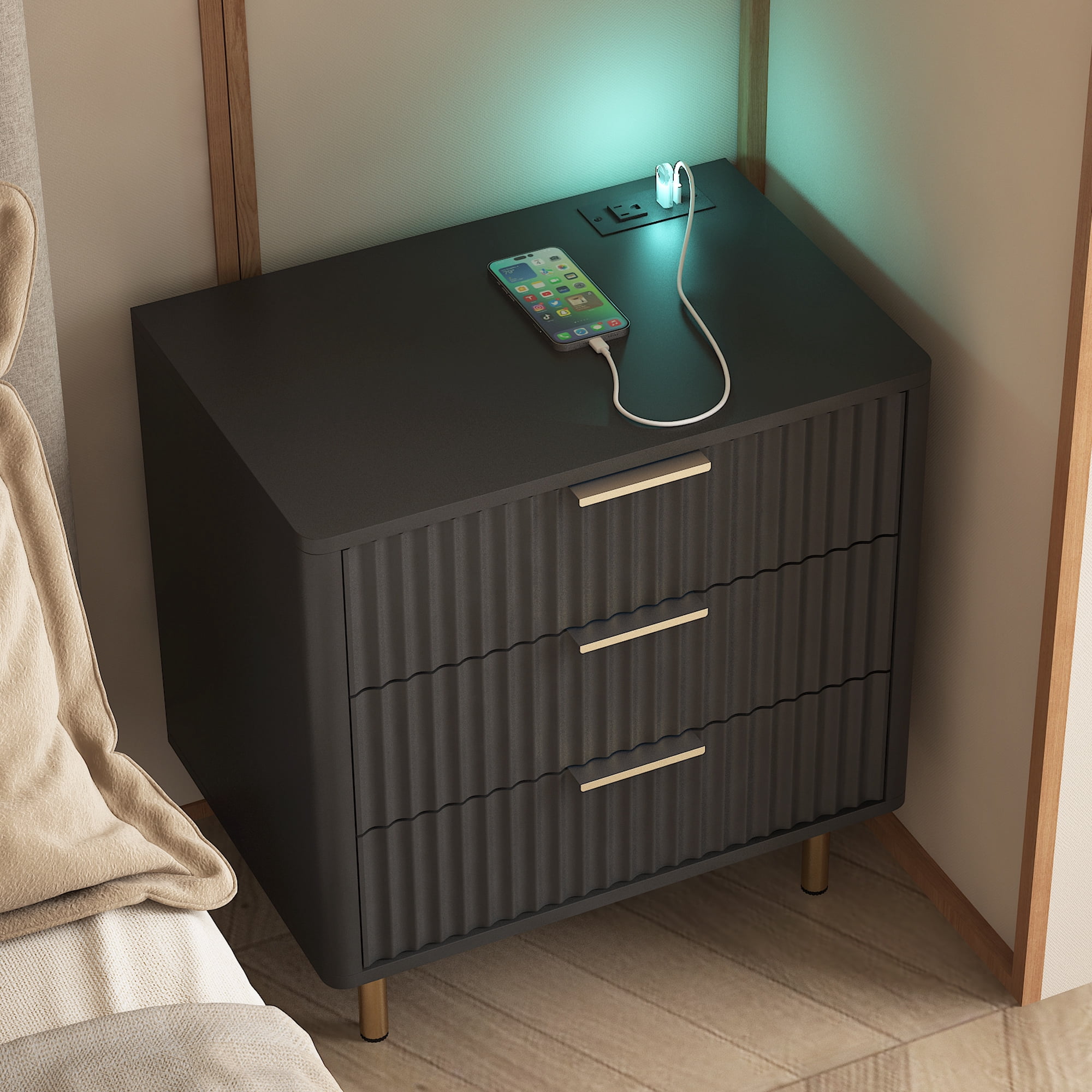 Nightstand with Charging Station, Smart Nightstand with Night Light, Modern Night Stand with Storage Cabinet for Bedroom