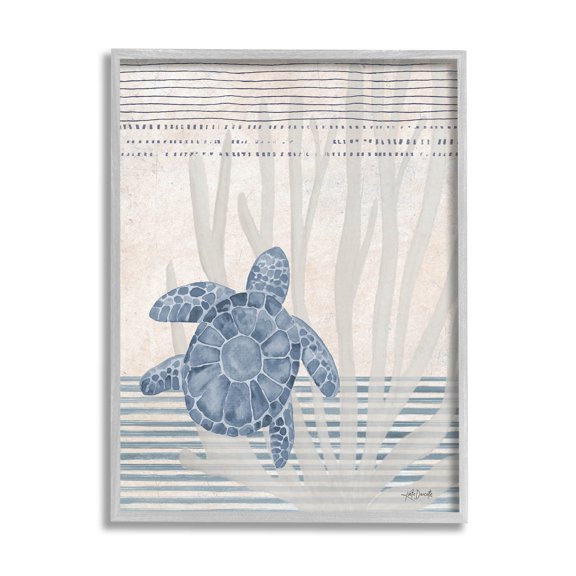 Stupell Industries Nautical Sea Turtle Patterned Stripes Graphic Art Gray Framed Art Print Wall Art, Design by Katie Doucette