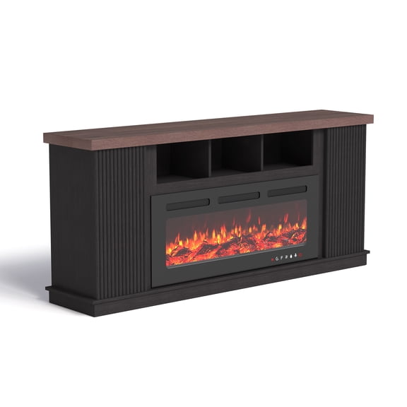 BUPPLEE 70" Fireplace TV Stand with Electric Fireplace, Entertainment Center for TVs up to 80", Media Console with Adjustable Storage, Dark Walnut