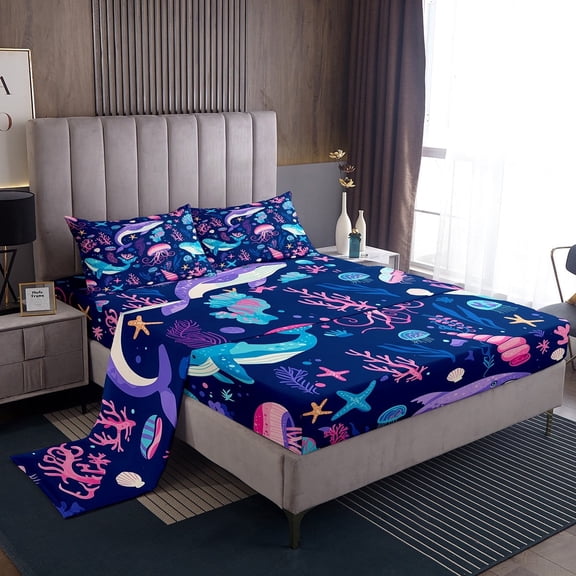 Erosebridal Whale Jellyfish Sheet Set Twin,Marine Animal Bedding Sets Twin Size,Super Cozy Bed Sheets Twin,Ocean Theme Decoration,3pcs