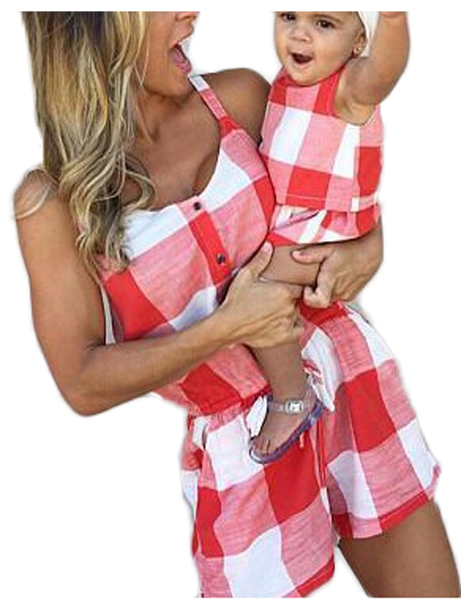 Parent-child Off-Shoulder Short Plaid Button Down Sleeveless Jumpsuit