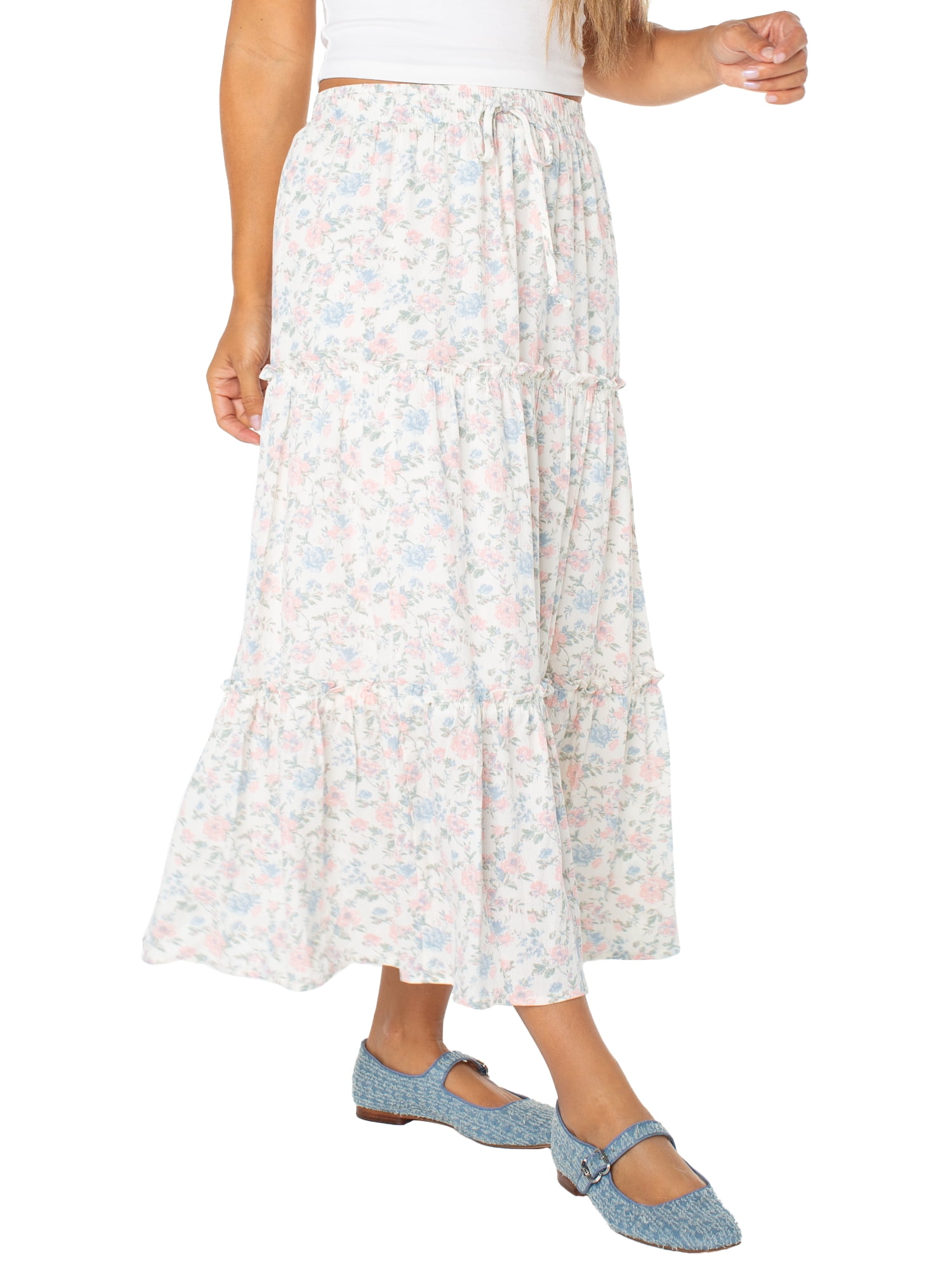 Celebrity Pink Women's and Women's Plus Floral Print Tiered Maxi Skirt, Sizes XS-4X