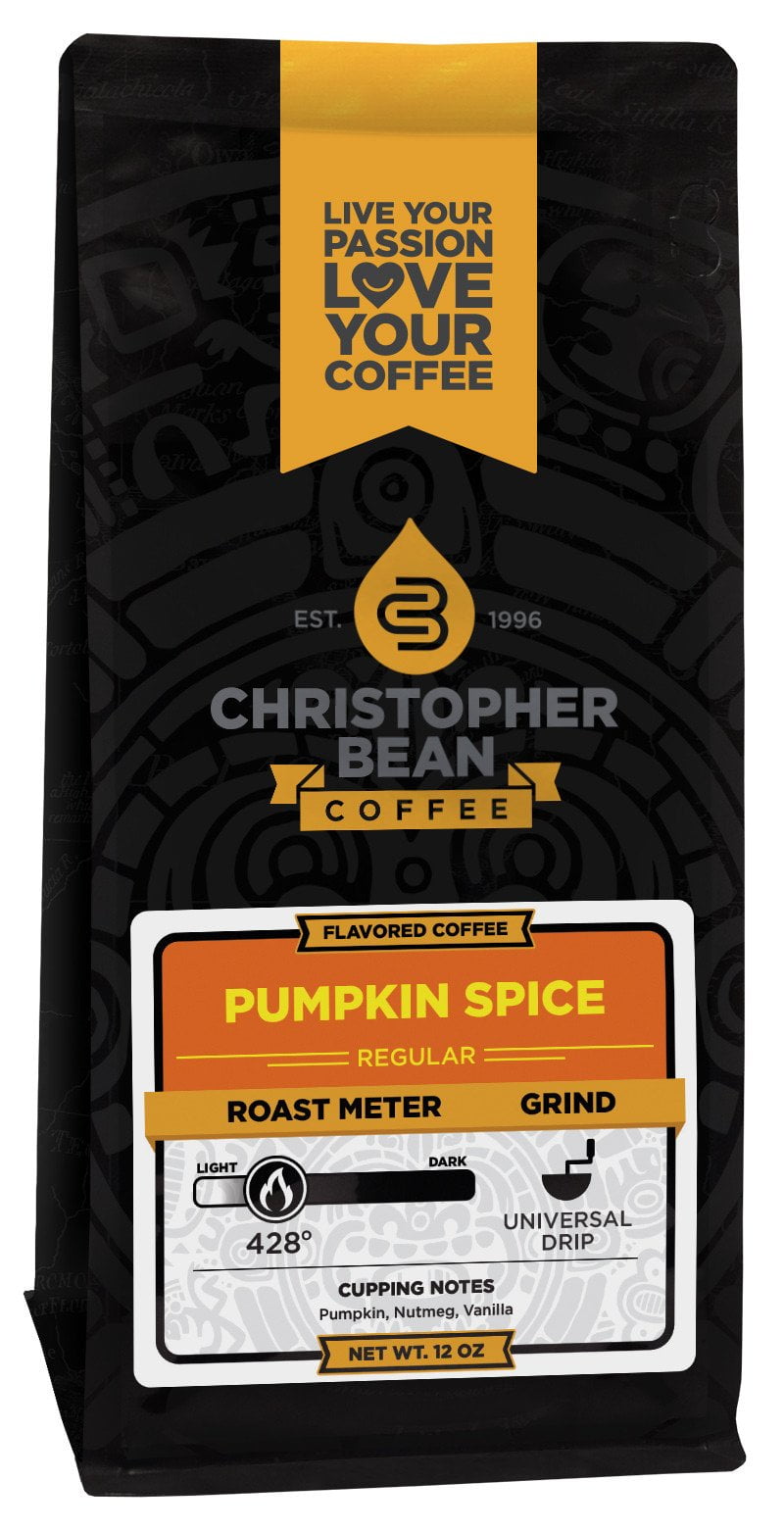 Pumpkin Spice Flavored Decaf Whole Bean Christopher Bean Coffee, 100% Arabica, No Sugar, No Fats, Made with Non-GMO Flavorings, 12 Oz Bag of coffee