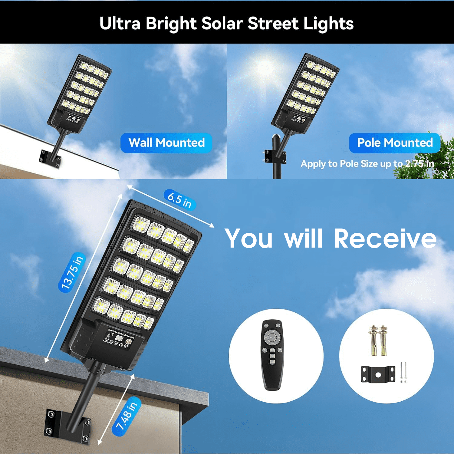 IJIL Solar Street Lights Outdoor - 6000K Waterproof Motion Sensor LED Solar Parking Lot Lights with Remote for Yard Outside