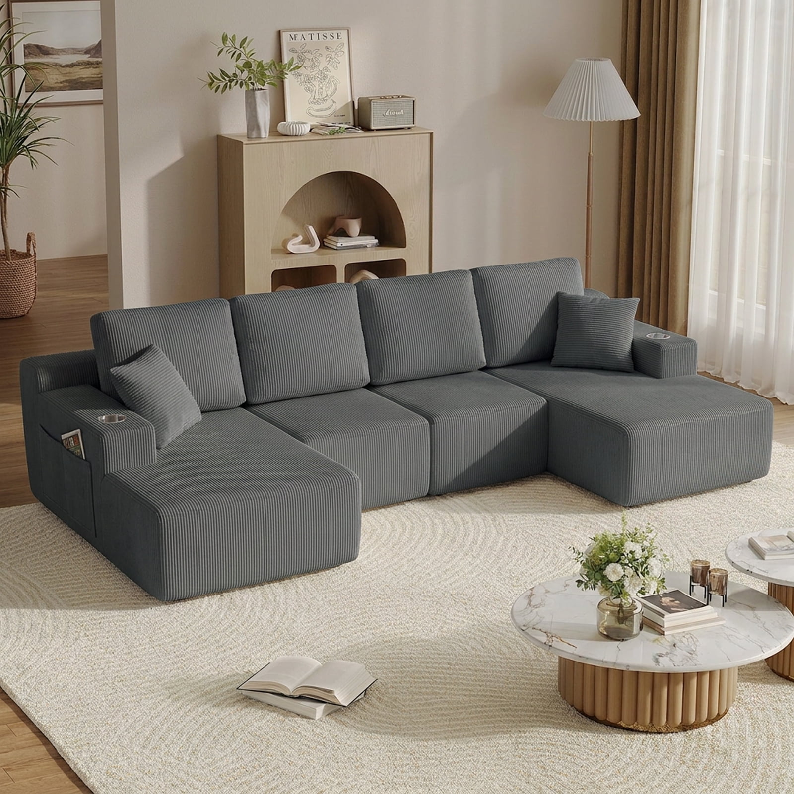 Leumius 130" U Shaped Sectional Couches with Chaise,Modern Deep Seat Boneless Corduroy Cloud Modular Sofa for Living Room,Gray