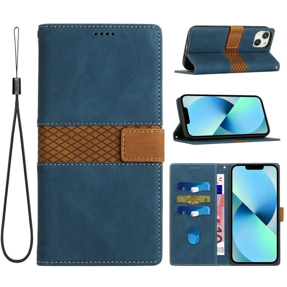 ELEHOLD Wallet Case for iPhone 15 6.1", Premium PU Leather Card Holders with Lanyard Kickstand Magnetic Clasp Shockproof Anti-Scratch Purse Protective Case for iPhone 15,Blue