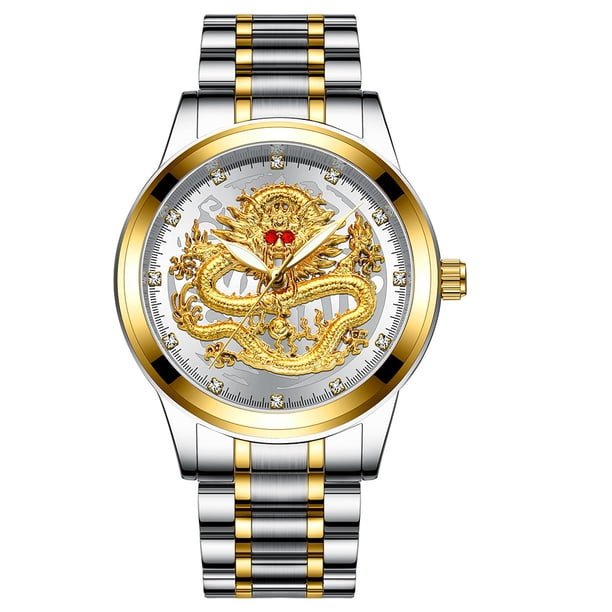 Reloj de dragón dorado para hombre, resistente al agua, no mecánico, para hombre, con diamantes incrustados, piedra del tesoro roja, dragón