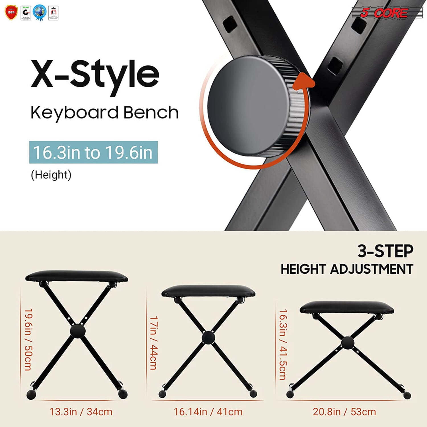 5 Core Keyboard Bench 2 Inch Padded Cushioned Piano Stool Height Adjustable 19" Guitar Seat Portable