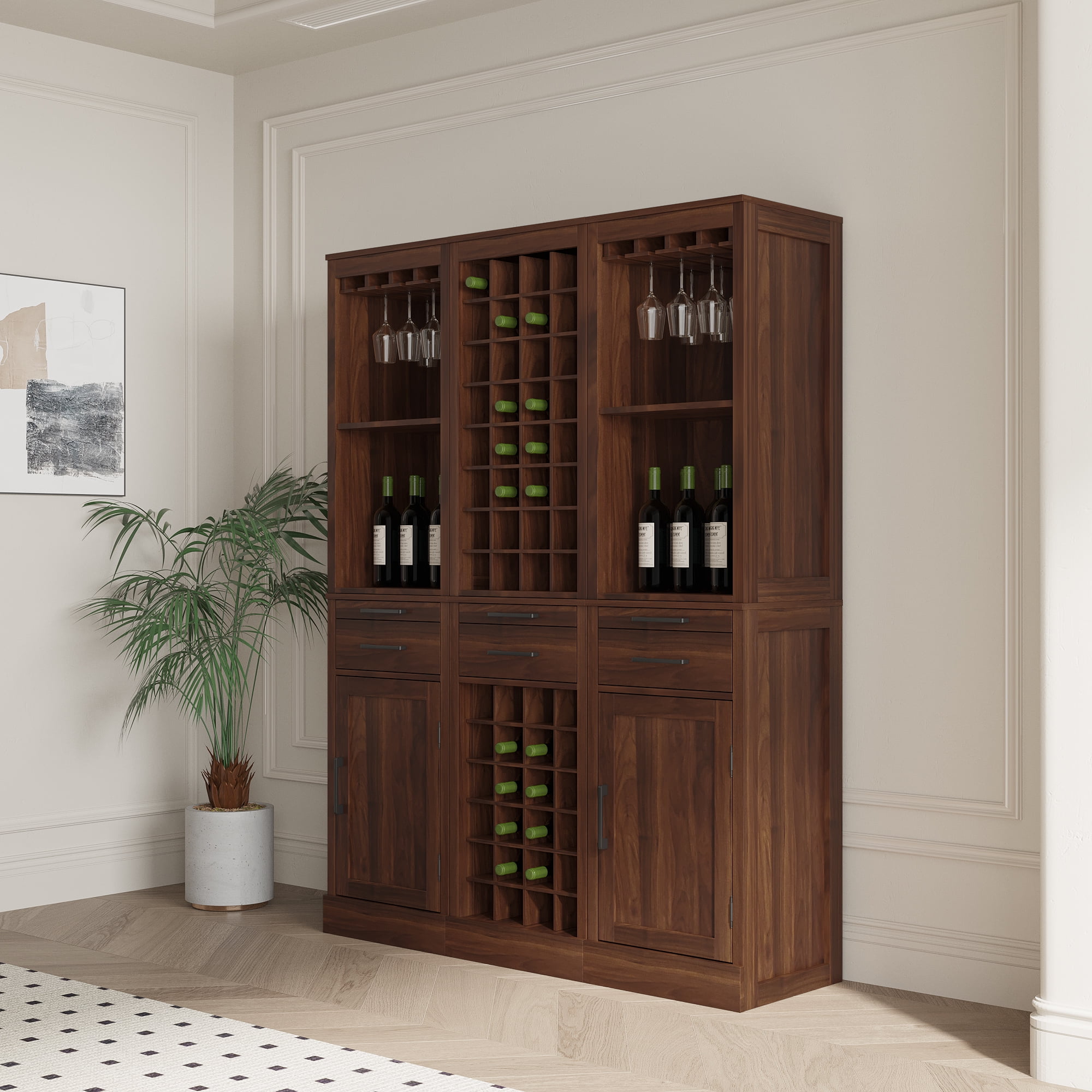Wine Bar Cabinet with Hutch, Modular Storage Cabinet for Dining Room or Office with Drawer and Shelves, Brown Walnut Finish, Versatile Home Organization