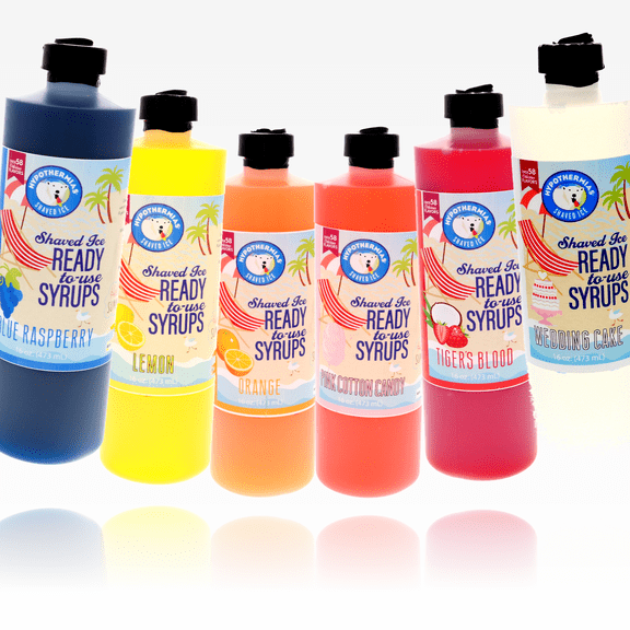 Hypothermias Shaved Ice & Snow Cone Syrup Variety Pack - 6 Pints (16 Fl. Oz.) - Tiger's Blood, Blue Raspberry, Lemon, Orange, Wedding Cake & Pink Cotton Candy - 100% Pure Cane Sugar