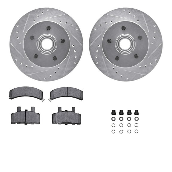 Dynamic Friction Company Front Brake Rotors-Drilled and Slotted-Silver with Ultimate Duty Performance Brake Pads includes Hardware 7412-48005