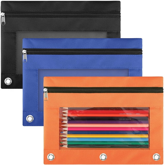 Pencil Pouch 3 Ring Binder, 3 Pack with black, blue, and orange zipper pencil pouches made of durable 600D oxford nylon fabric. Each pouch features reinforced metal zippers, three metal ring holes for binders, and a transparent PVC window for easy visibility of contents. Ideal for school supplies, organizing stationery, documents, or travel essentials.