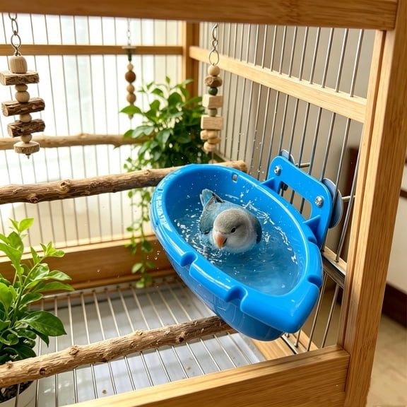 Hanging Bird Bath Tub Feeder Box, Plastic Multifunctional Bird Water Dish Food Bowl with Secure Cage Clips, Spatter-Proof Bird Cage Accessory, Blue