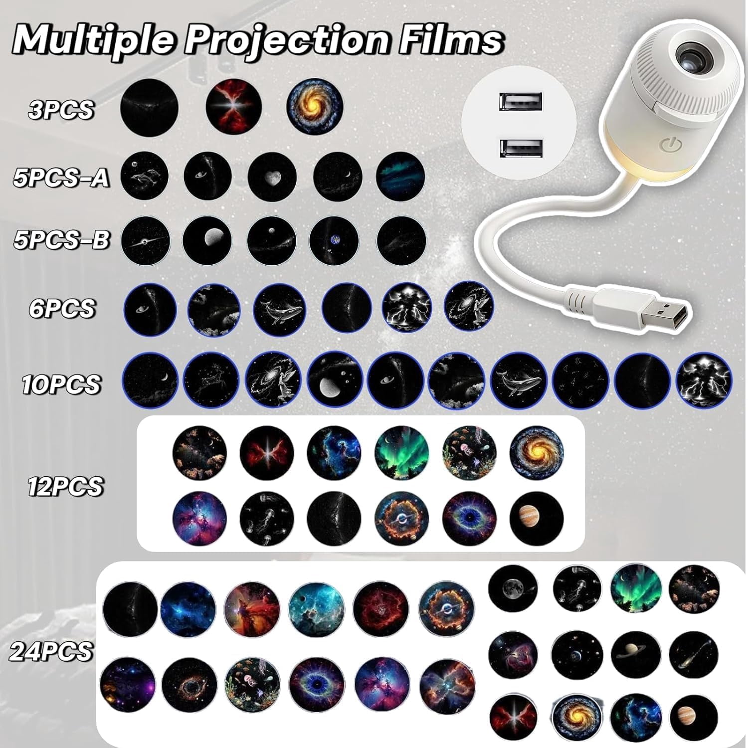 2-in-1 Galaxy Projector Night Light,USB Galaxy Projector with 12 Sliding Projection Films,360 °   Adjustable 2-in-1 Night Light + Galaxy Projector,Starry Night Light Projector for Car,Bedroom Decor