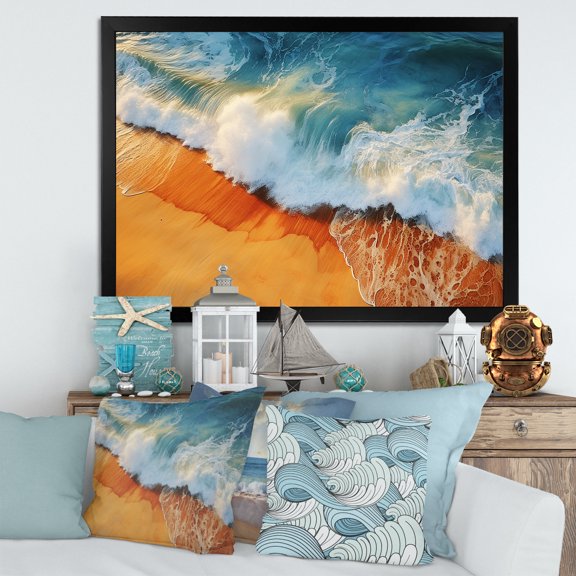 Designart "Vintage Appeal Blue and Orange Beach II" Coastal Framed Wall Art Decor - Coastal Blue Coastal Beach Entryway Framed Wall Art