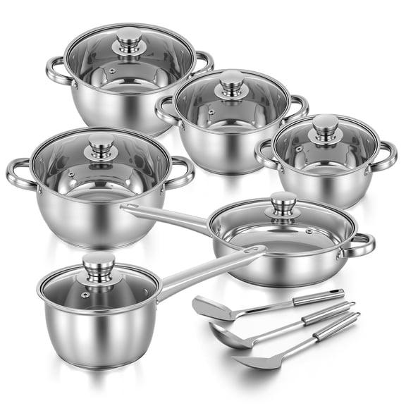 15 PCS Stainless Steel Cookware Set, Pots and Pans Set with Glass Lids, Kitchen Induction Cookware with Utensil Sets For Oven & Dishwasher ,Heavy Premium Kitchen Cooking