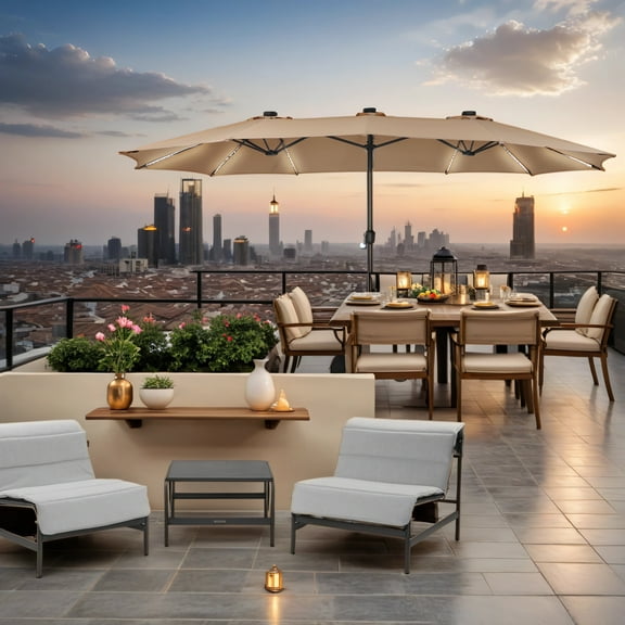 Mondawe 15ft Double-Sided Solar Patio Umbrella with Base (Included) Large Outdoor Umbrella with Solar Lights