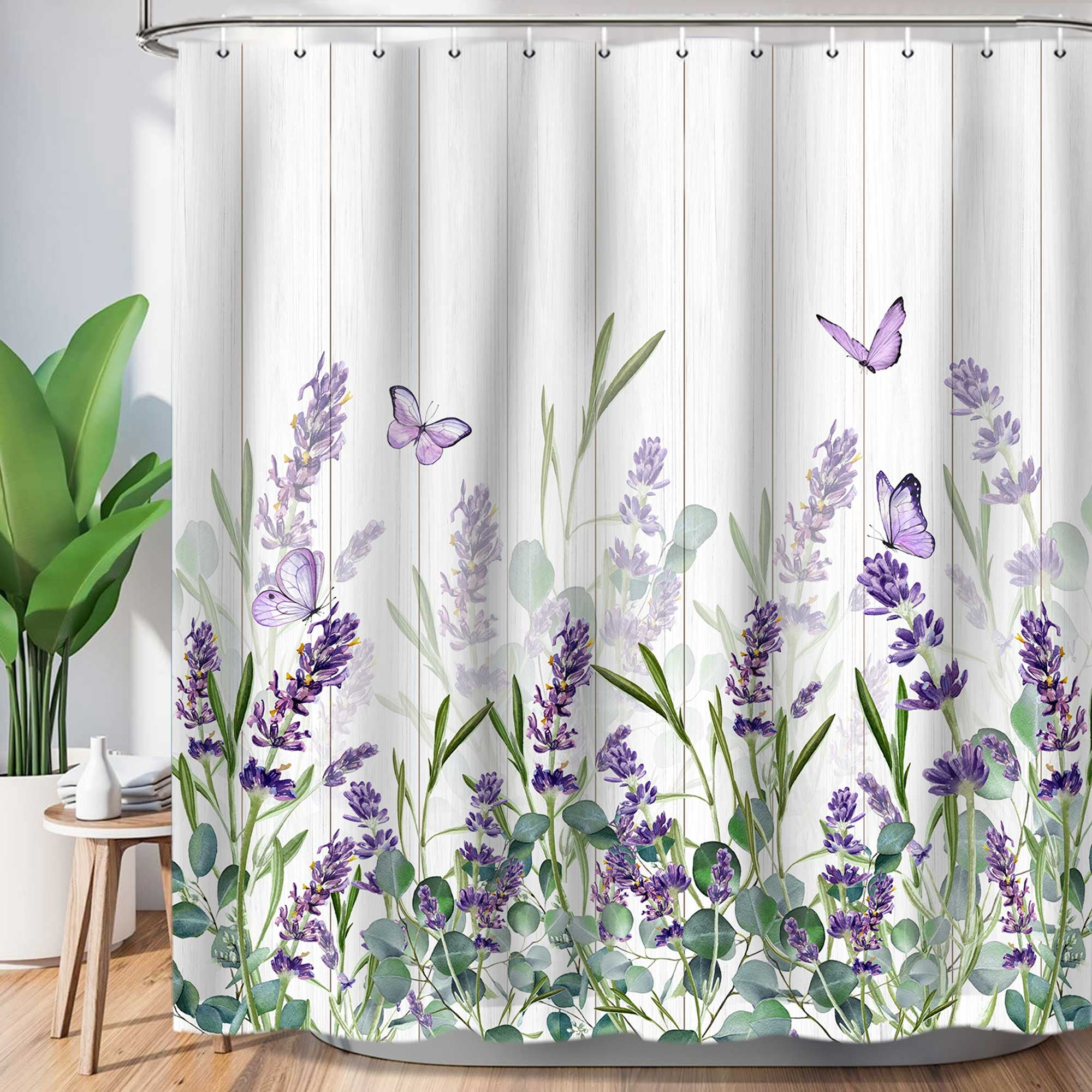 Lavender Shower Curtain, Purple Butterfly Bathroom Shower Curtain Set