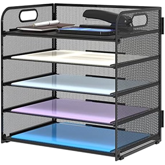 5 Trays Paper Organizer Letter Tray with Handle-Mesh Desk File Organizer, Paper Sorter Desk Organizer for Office, Home or School