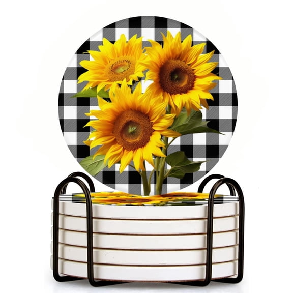 Three Sunflowers On Checkerboard Background Set of 6 Ceramic Coasters with Holder, Absorbent Drink Bar Coasters, Table Coasters for Living Room Decor Tabletop Protection