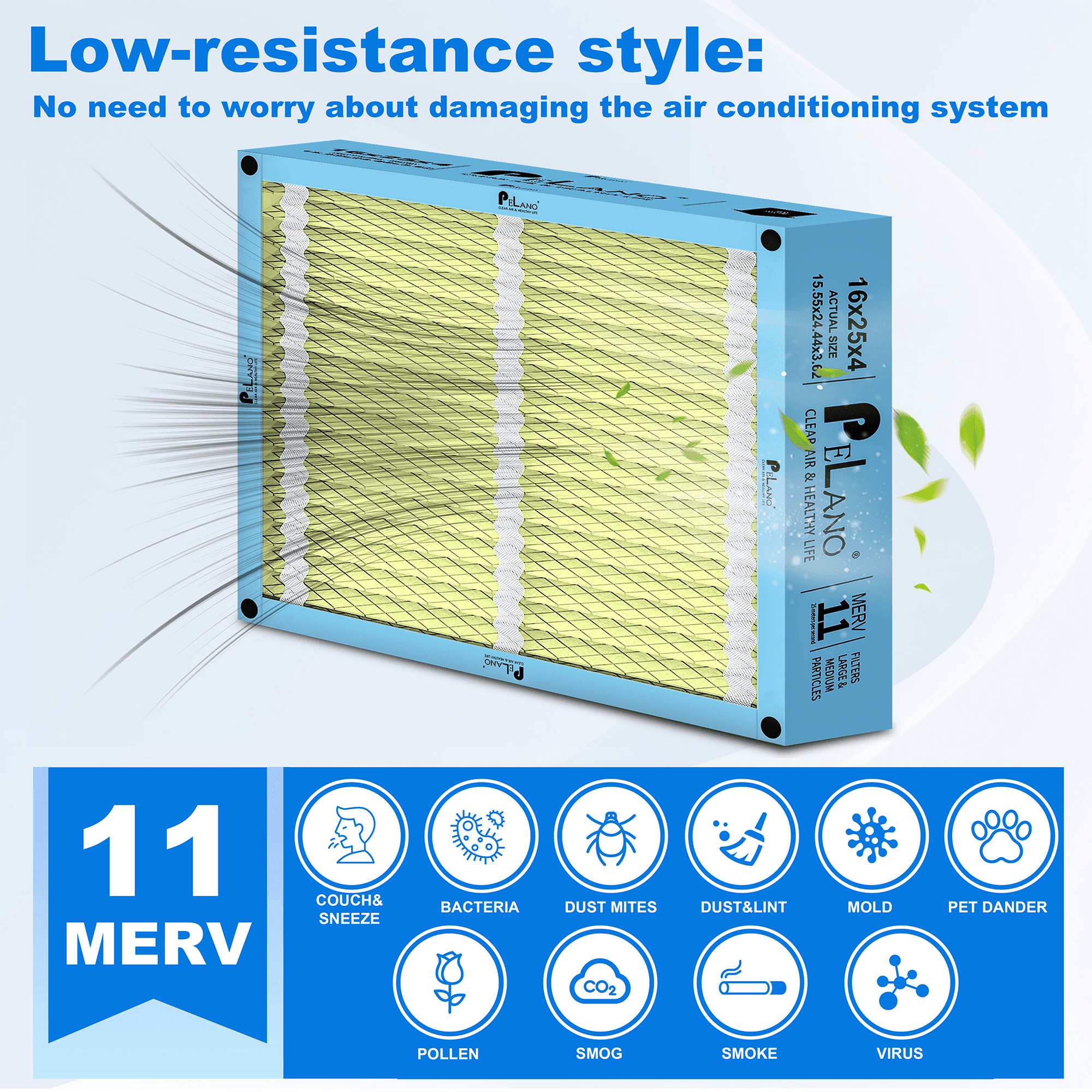 Pelano 16x25x4 HVAC Furnace Air Filter, MERV 11 Filters, Foldable Design, Actual Size: 15.55’’x24.44’’x 3.62’’-2PACK