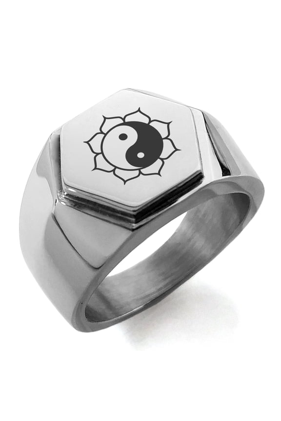 Stainless Steel Sacred Lotus Yin Yang Engraved Hexagon Crest Flat Top Biker Style Polished Ring