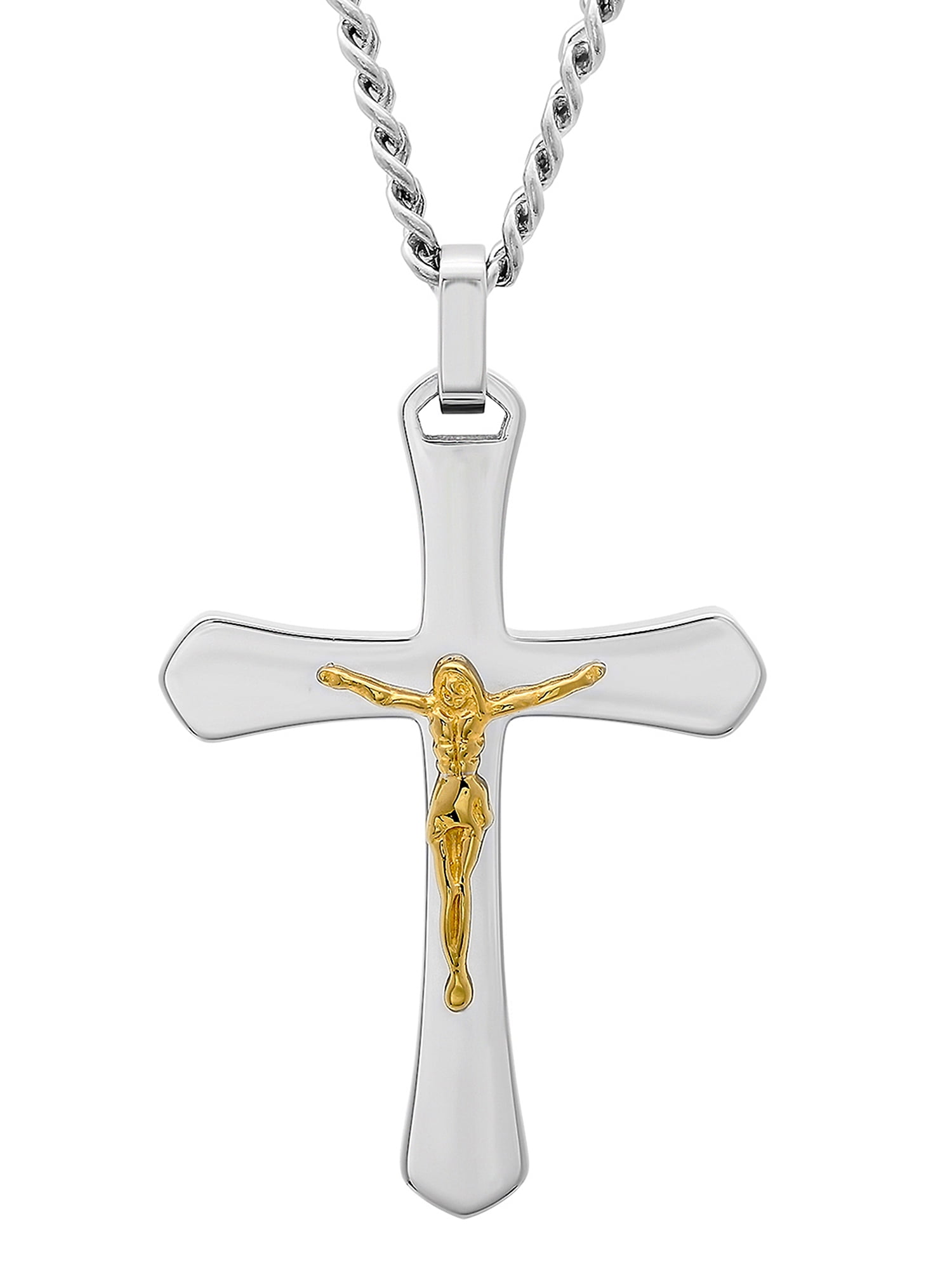 Stainless Steel Polished & Yellow IP plated Crucifix Necklace 85x55mm 24 Inches