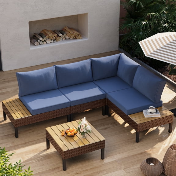 Poteban 5-piece Outdoor Patio Furniture Set with Modular Sofa, Outdoor Patio Sectional Set,L-Shaped Sectional Sofa Couch with Coffee Table for Backyard,Lawn,Garden,Navy Blue