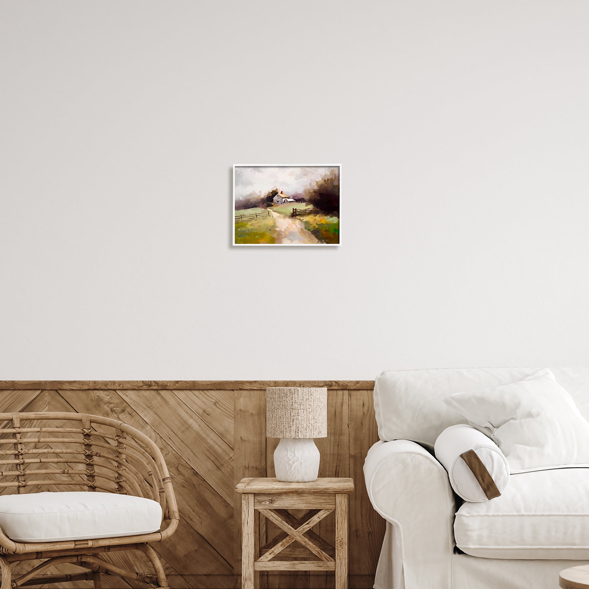 Stupell Industries Country Barn with Fence Landscape Painting White Framed Art Print Wall Art, 14 x 11