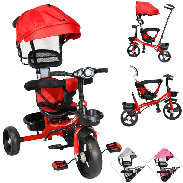 Triciclo Evolutivo para Niños Asiento Giratorio 360 Torreta con Luz y Sonido Bastón de Empuje Soporta Hasta 30 kg - Rojo