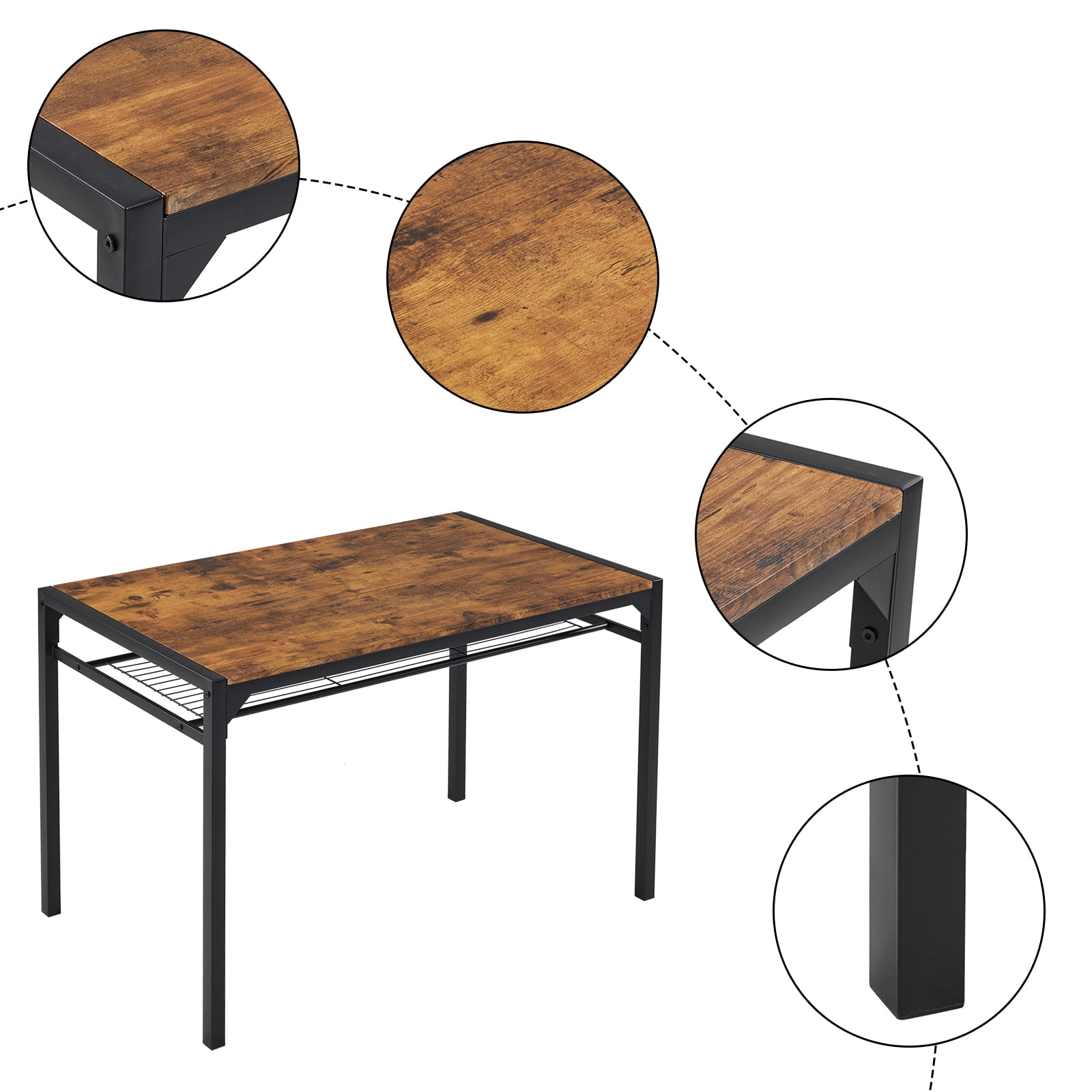 Space-Saving 4-Piece Dining Table Set, MDF Metal Frame Table with 2 Chairs and Bench, Storage Shelves Dining Set for Small Apartment Kitchen