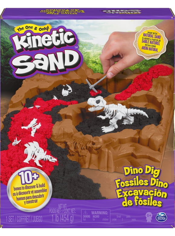 Kinetic Sand, Dino Dig Playset with 10 Hidden Dinosaur Bones, Play Sand Sensory Toys for Kids Aged 6 and up