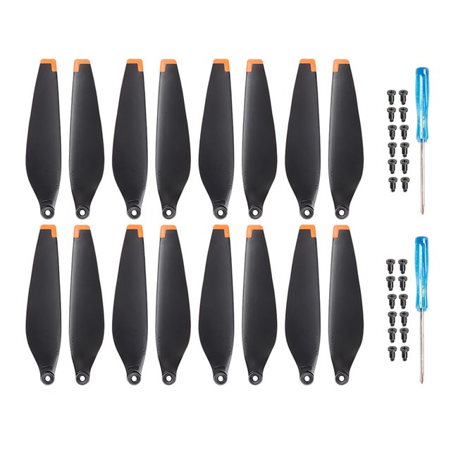 juego de hélices de 16 palas silenciosas para dji mini 3 paquete con 16 hélices negras con punta naranja, 24 tornillos y 2 destornilladores, disposición frontal sobre fondo blanco; hélices de bajo ruido, ligeras y portátiles, compatibles con DJI Mini 3 para un vuelo más estable según especificaciones; también aptas para kits de mantenimiento de drones.