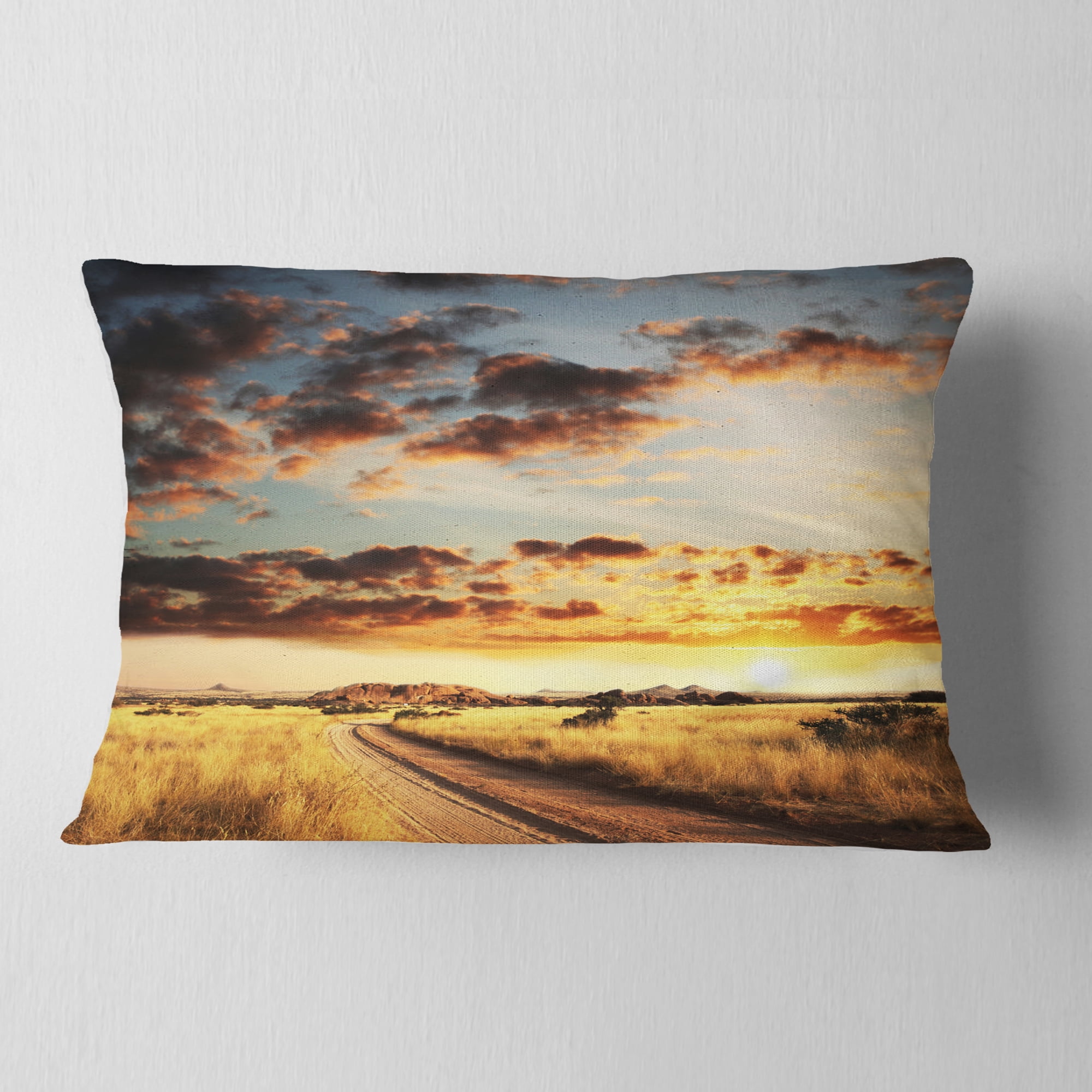 Designart Cloudy African Prairie with Pathway - Landscape Printed Throw Pillow - 12x20