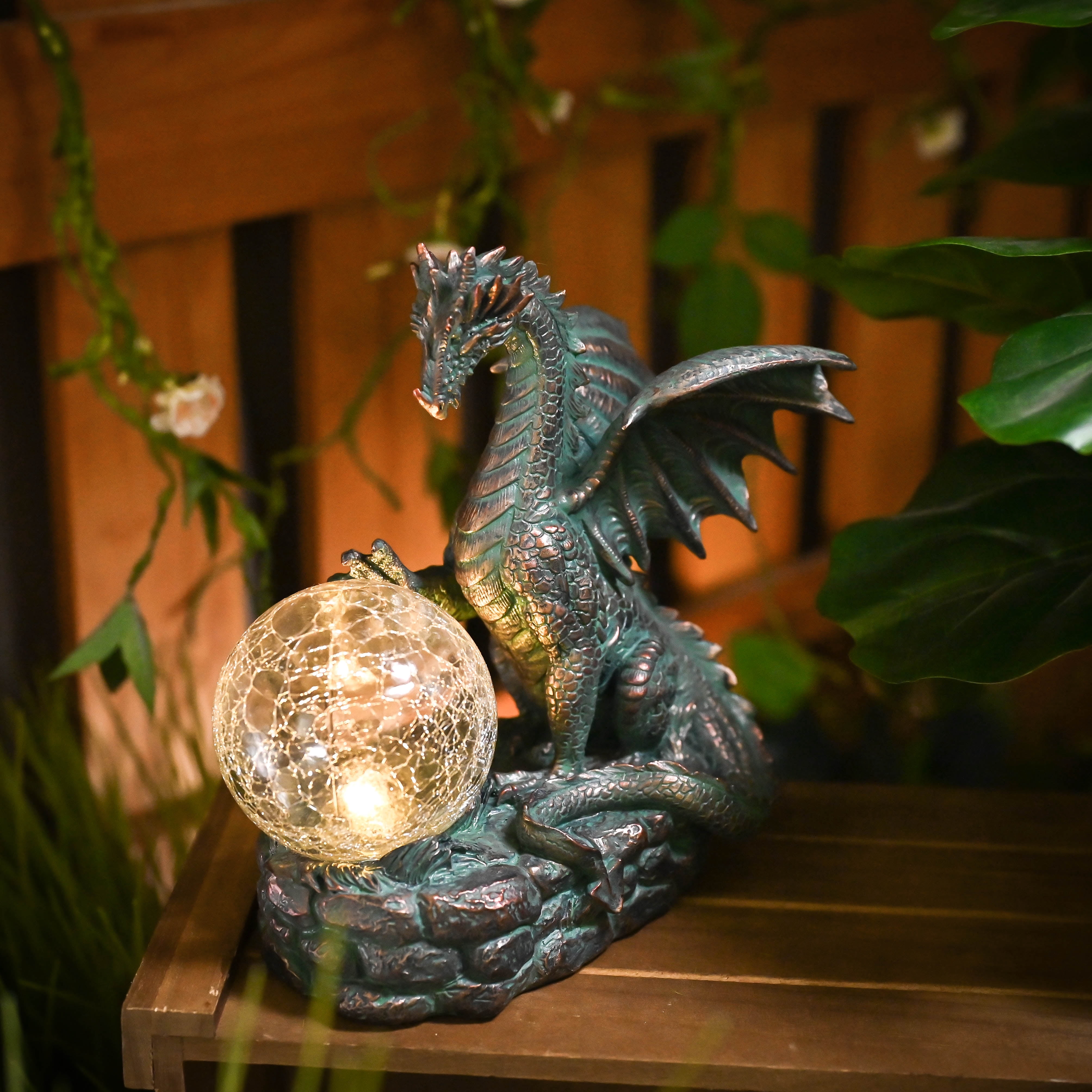 TERESA'S COLLECTIONS 8" Solar Dragon Garden Statue, Resin Gothic Sculpture & Figurine for Patio Lawn Decor