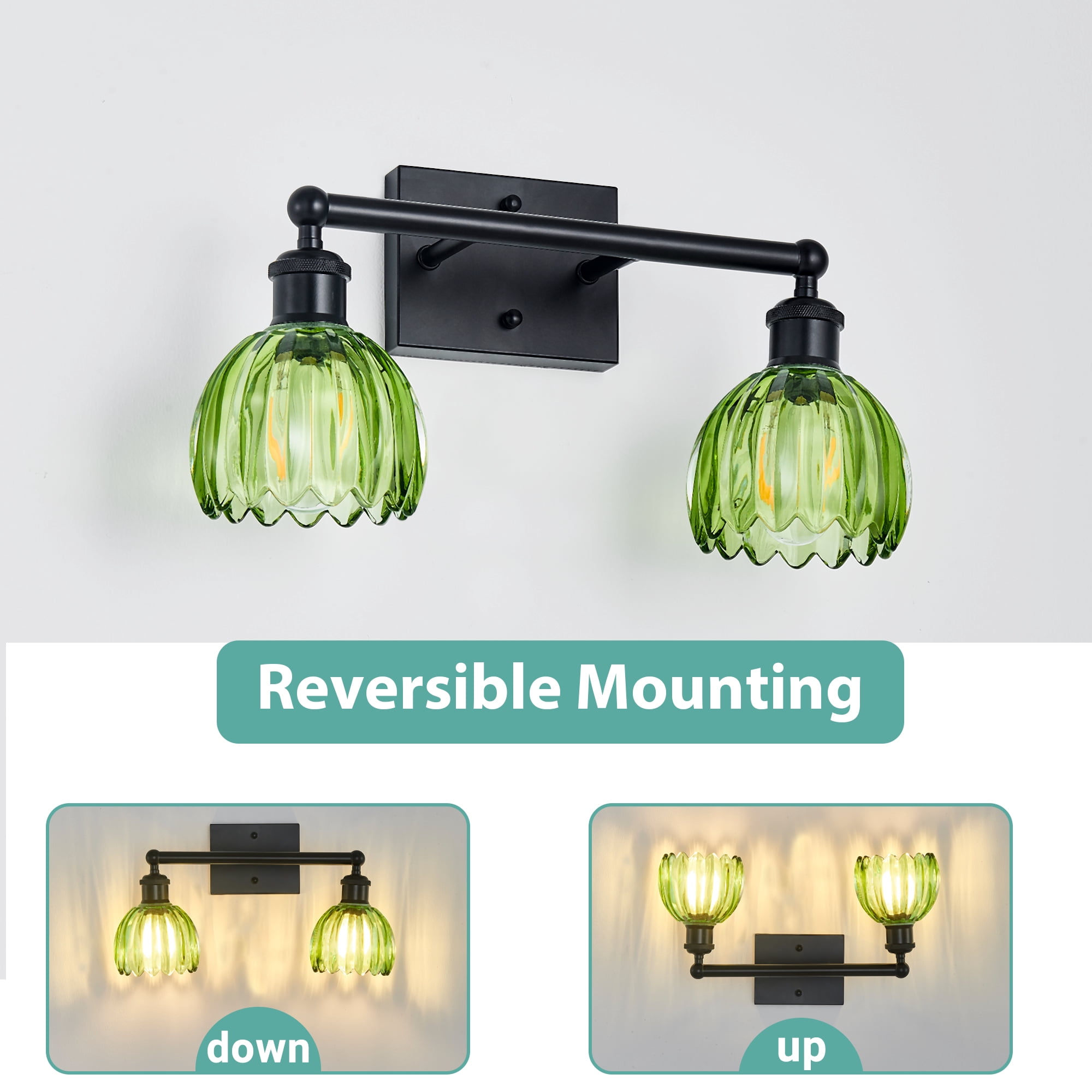 HKMGT 2-Light Black Vanity Light with Green Ribbed Glass,, Reversible Mounting, E26 Base Wall Sconce for Bathroom & Hallway