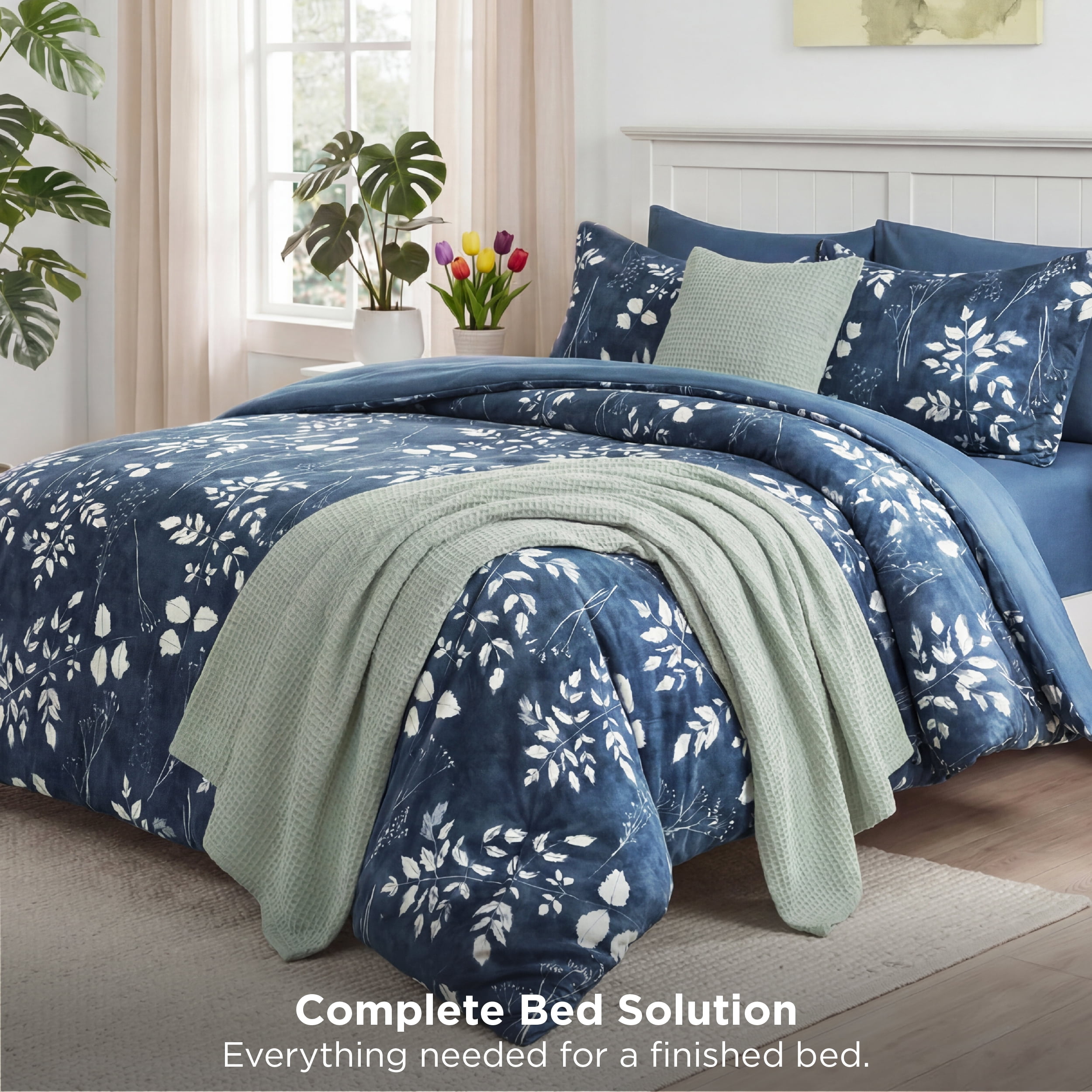 U by Bedsure Queen Comforter Set Navy, Bed in a Bag Queen Size Bedding, 7-Pieces Botanical Flowers Spring Comforter, Sheets, Pillowcases & Shams