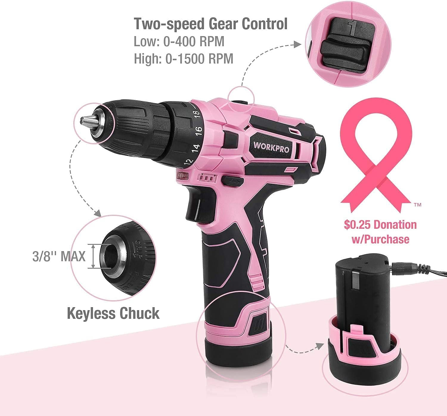WORKPRO Pink Cordless Drill Driver Set, 12V Electric Screwdriver Driver Tool Kit for Women, 3/8" Keyless Chuck, Charger and Storage Bag Included - Pink Ribbon
