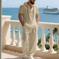 thumbnail image 5 of Gamivast Men's 2 Piece Linen Look Set Hooded Short Sleeve Henley Shirt and Loose Pants Breathable Beach Outfit for Summer Vacation Yoga Casual Daily Wear, 5 of 7