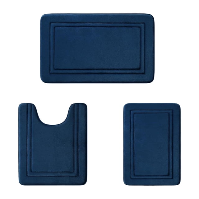 yulier 3 Piece Bathroom Rug Set, Super Soft Non Slip Toilet Bath Mat Set - Includes Bath Rug, Bath Mat, U-Shaped Contour Toilet Rug - Machine Washable, Blue