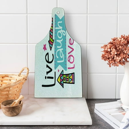 

Live Laugh Love Cutting Board Lively Colors Cartoon Arrows with Geometric Shapes Kiss Hearts Phrase Print Tempered Glass Cutting and Serving Board Wine Bottle Shape Multicolor by Ambesonne