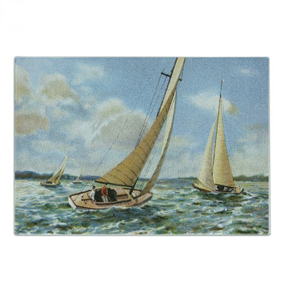 Vintage Boat Cutting Board, Sailing in Wavy Windy Sea Vintage Painting Style Picture Ocean Hobbies Art, Decorative Tempered Glass Cutting and Serving Board, Small Size, Multicolor, by Ambesonne